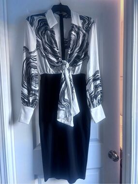 Classy Black & White Tie-Front Midi Dress NWT
